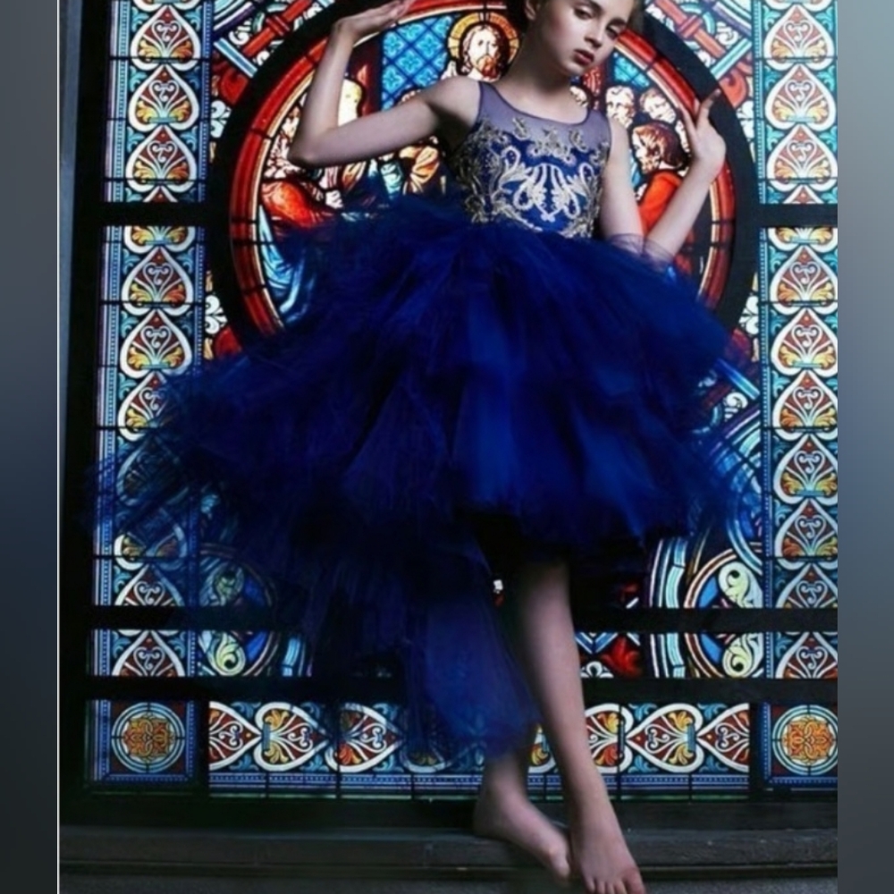 Girls' Navy Blue Tulle High-Low Formal Dress with Embroidered Bodice
